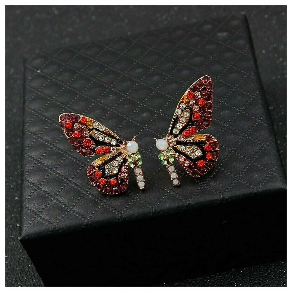 Colorful Sparkling BUTTERFLY Earrings NEW Red Pink Rhinestones Pierced Stud - Picture 7 of 9